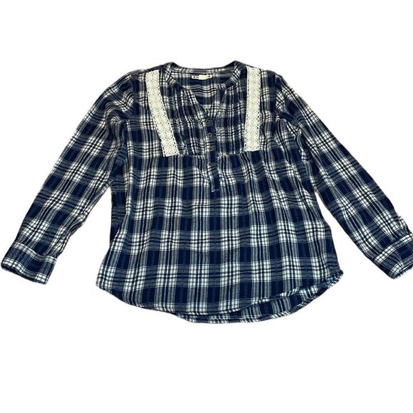 Ruff Hewn Plaid Flannel Shirt, long sleeve, blue, crochet lace, PM - Picture 1 of 6